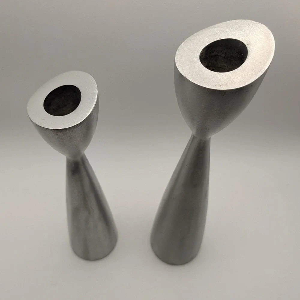 Vintage Mid Century Modern Brushed Silver Metal Taper Candlestick Holders Set 2